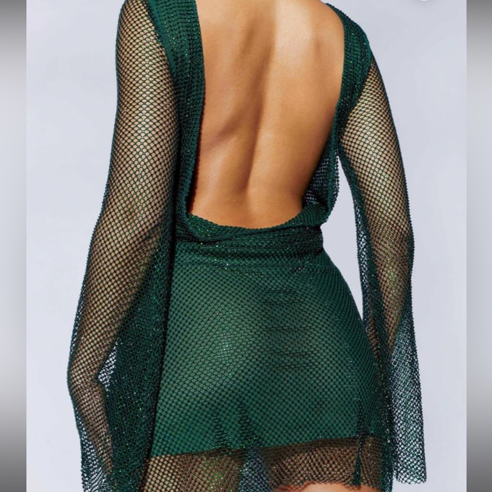 Meshki Asymmetrical Emerald Green Mesh Mini Dress – Size L - Picture 8 of 8